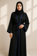 Full Length Tich Button V-Neck Black Abaya With Dark Blue Strip & Rope For Women - HijabOne