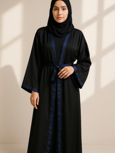 Full Length Tich Button V-Neck Black Abaya With Dark Blue Strip & Rope For Women - HijabOne