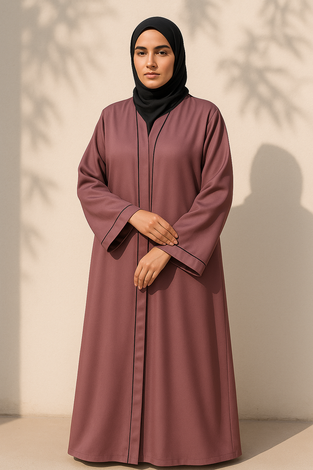 Full Length Tich Button V-Neck Dark Pink Abaya For Women - HijabOne