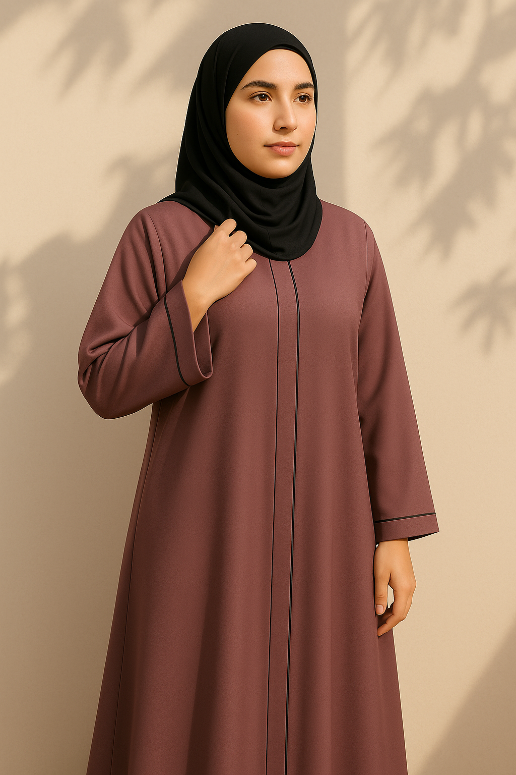 Full Length Tich Button V-Neck Dark Pink Abaya For Women - HijabOne - Image 3
