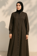 Full Length Zip Collar Dark Brown Abaya With Black Strip For Women - HijabOne