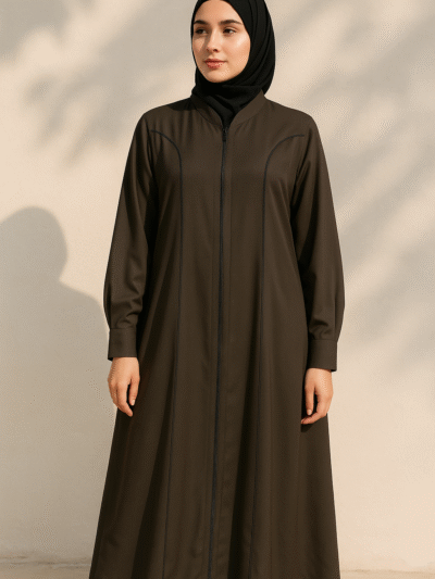 Full Length Zip Collar Dark Brown Abaya With Black Strip For Women - HijabOne
