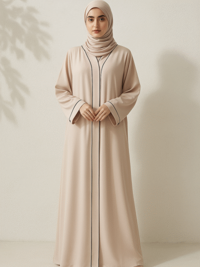 Full Length Tich Button V-Neck Light Pink Abaya With Black Strip For Women - HijabOne