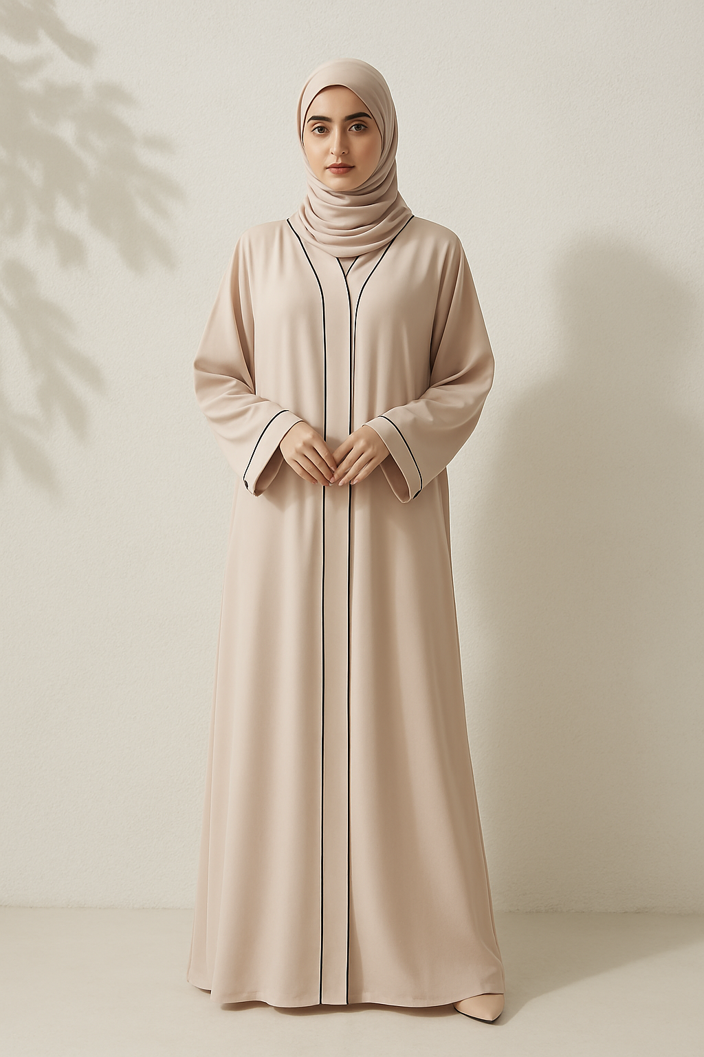 Full Length Tich Button V-Neck Light Pink Abaya With Black Strip For Women - HijabOne