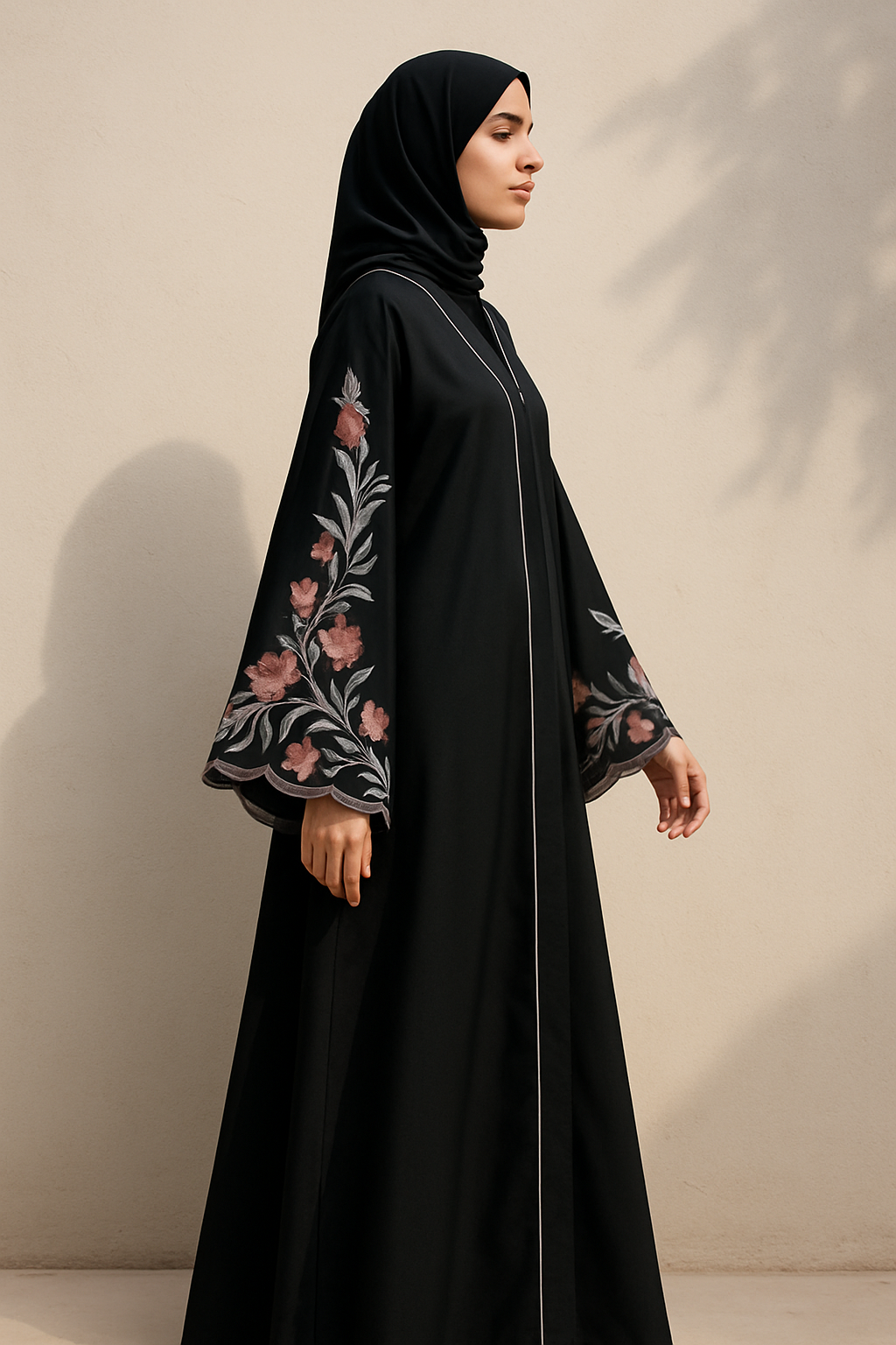 Black Embroidered V-Neck Abaya – Full Length with Tich Button - HijabOne - Image 3