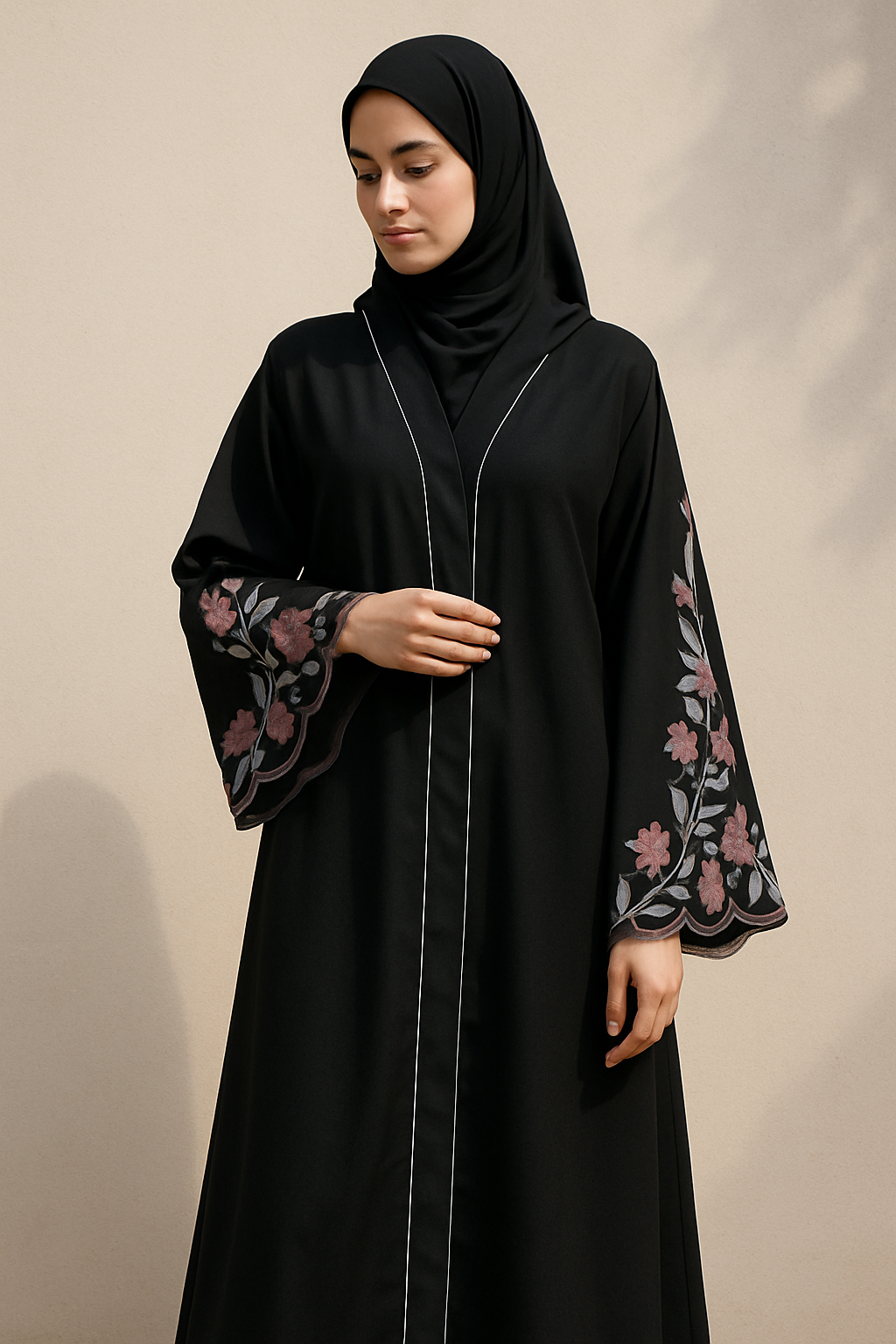 Black Embroidered V-Neck Abaya – Full Length with Tich Button - HijabOne - Image 2