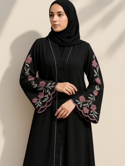 Black Embroidered V-Neck Abaya – Full Length with Tich Button - HijabOne