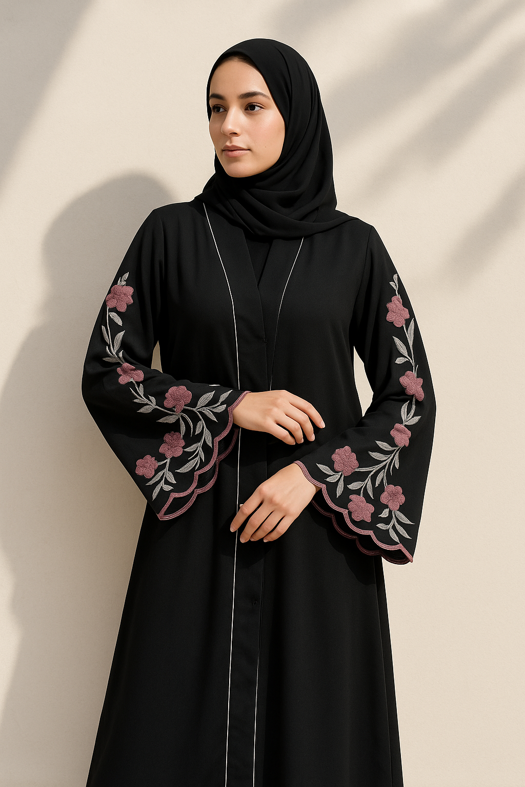 Black Embroidered V-Neck Abaya – Full Length with Tich Button - HijabOne