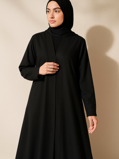 Classic Full-Length Tich Button V-Neck Black Abaya for Women - HijabOne