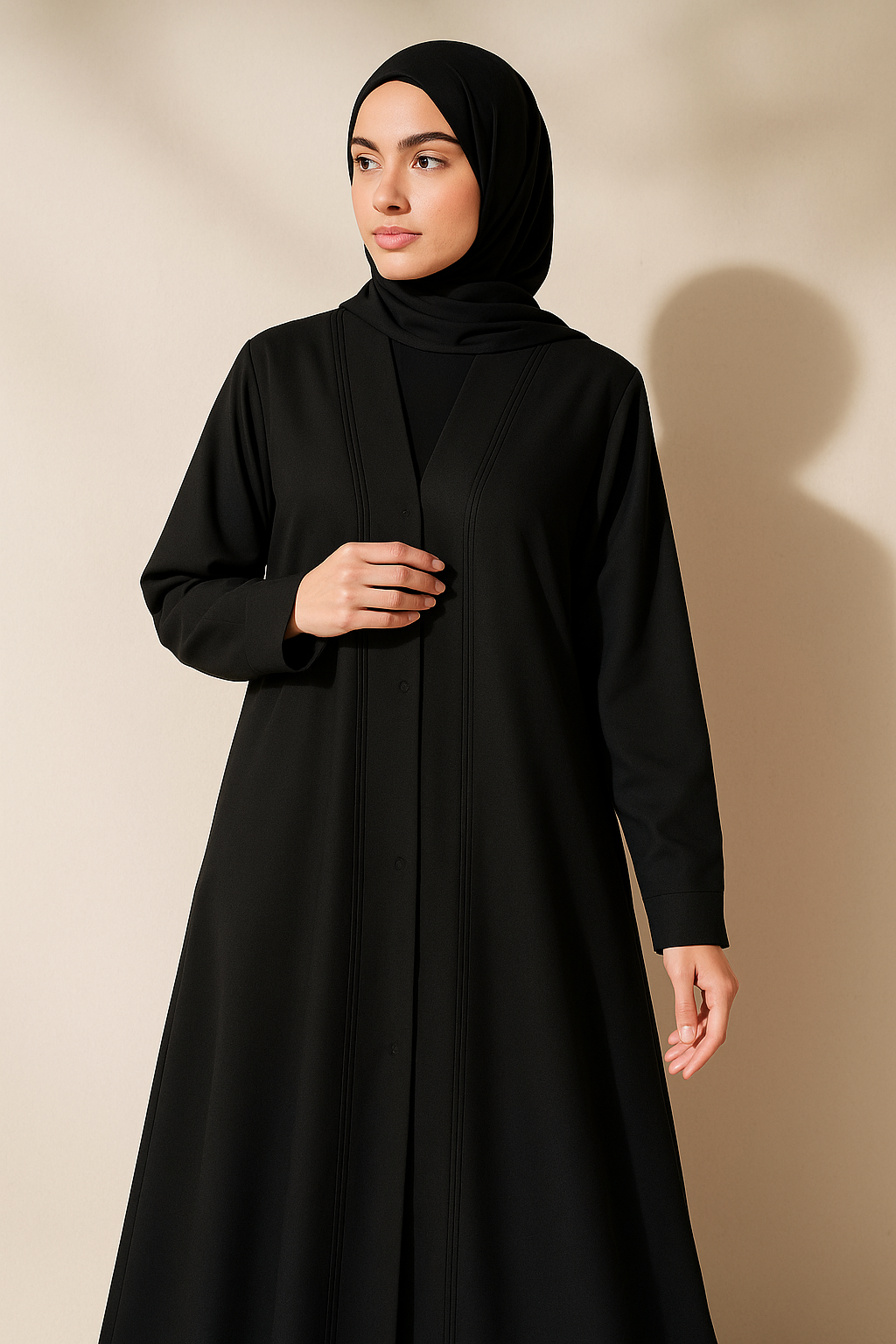 Classic Full-Length Tich Button V-Neck Black Abaya for Women - HijabOne