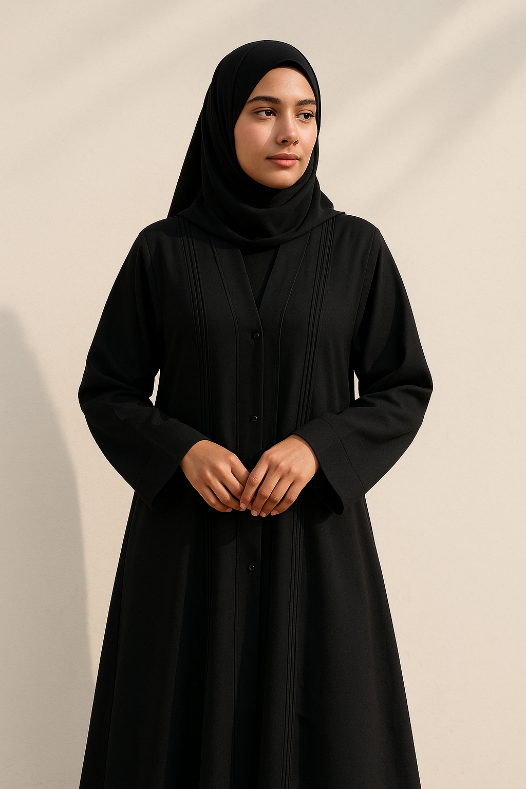 Classic Full-Length Tich Button V-Neck Black Abaya for Women - HijabOne - Image 3