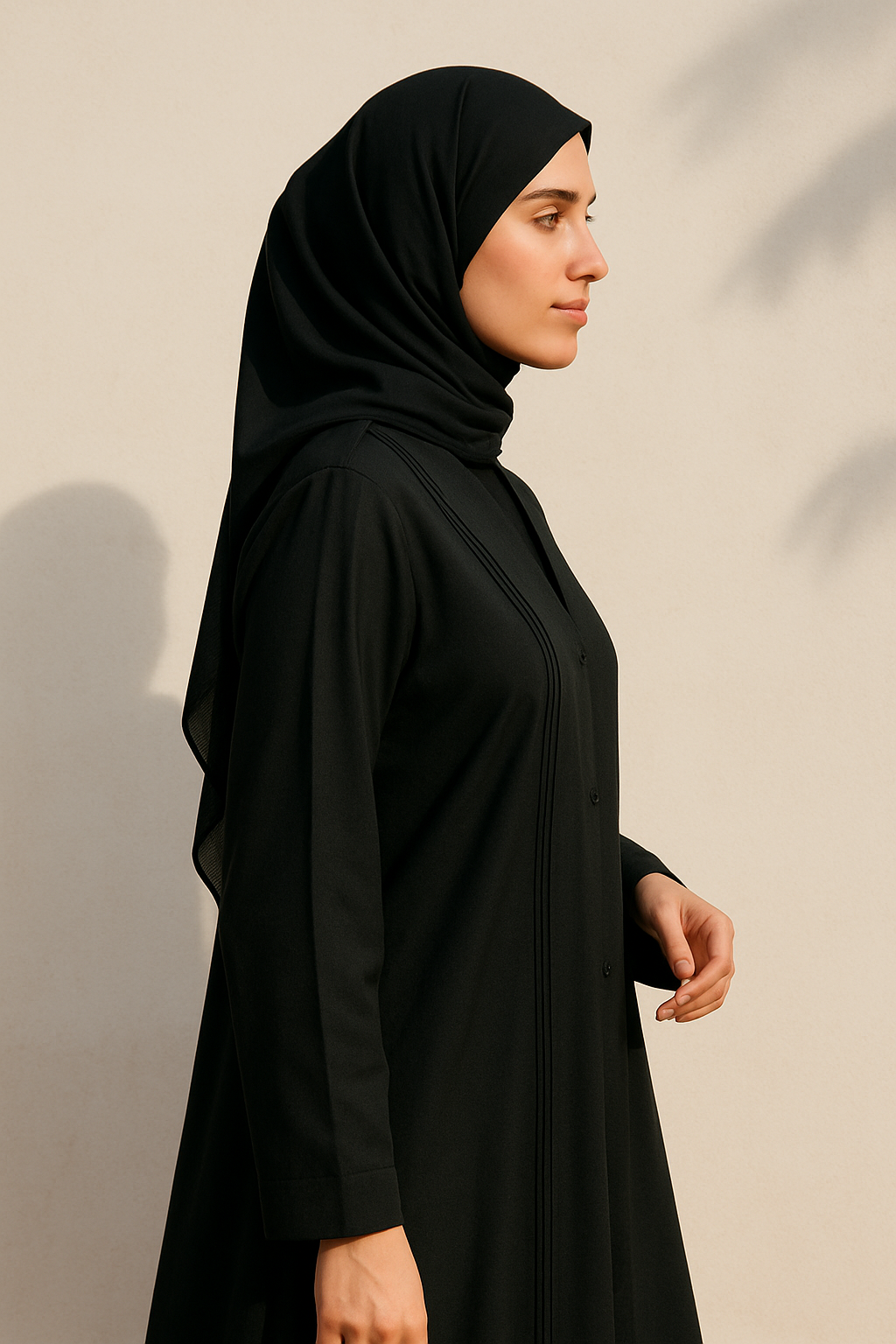 Classic Full-Length Tich Button V-Neck Black Abaya for Women - HijabOne - Image 2