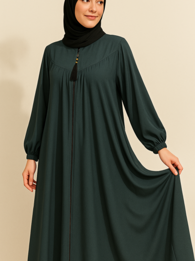 Three-Layered Full-Length Zip Collar Teal Green Abaya for Women - HijabOne