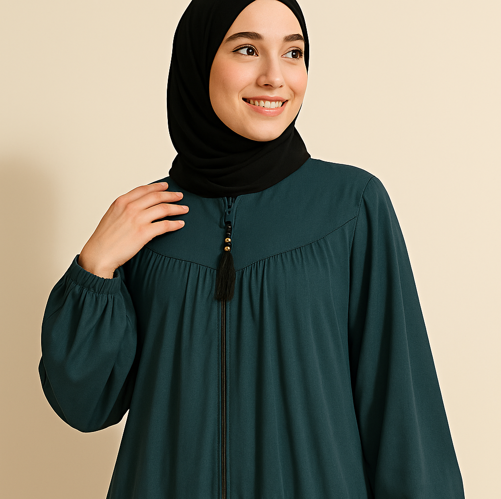 Three-Layered Full-Length Zip Collar Teal Green Abaya for Women - HijabOne - Image 3