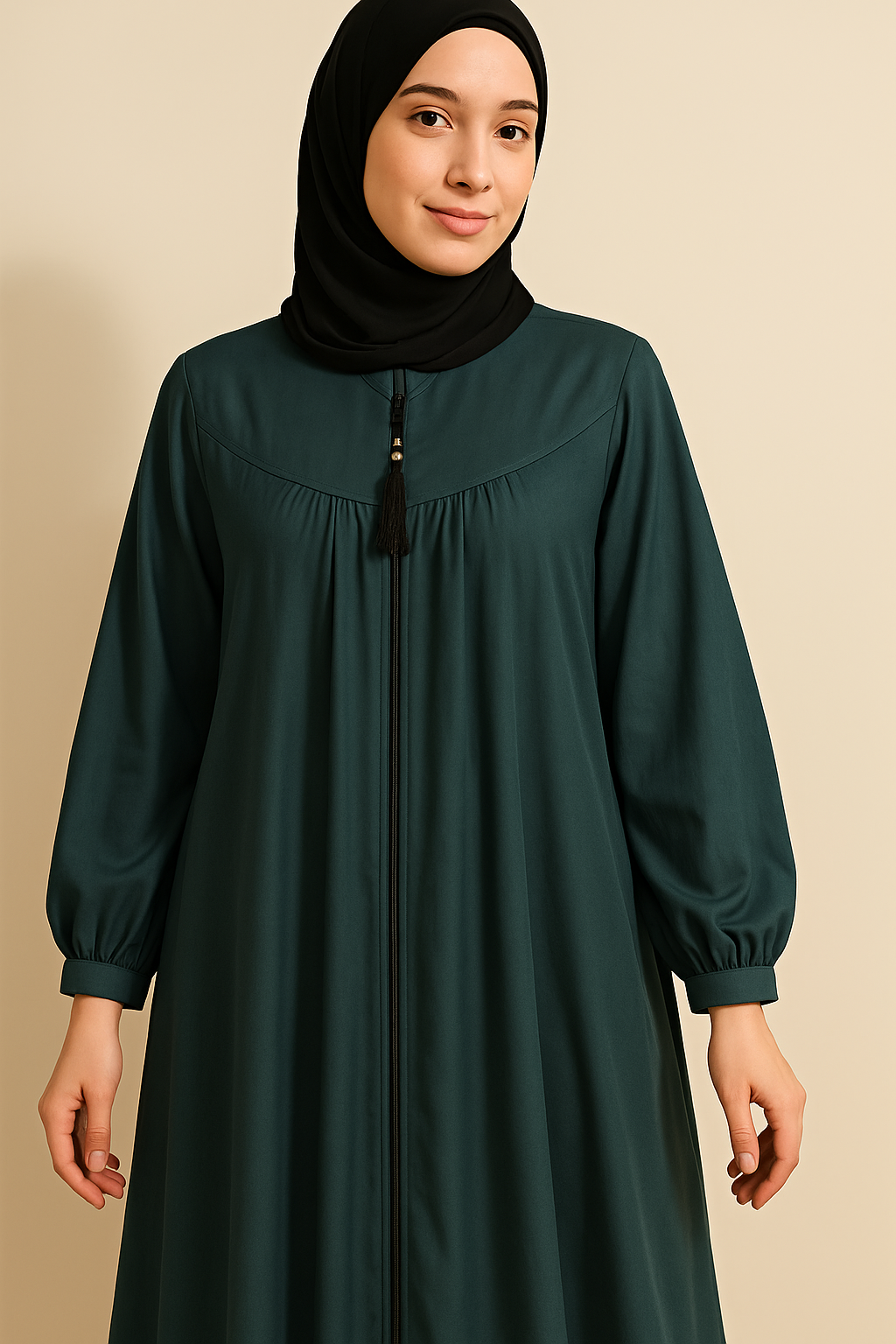 Three-Layered Full-Length Zip Collar Teal Green Abaya for Women - HijabOne - Image 2