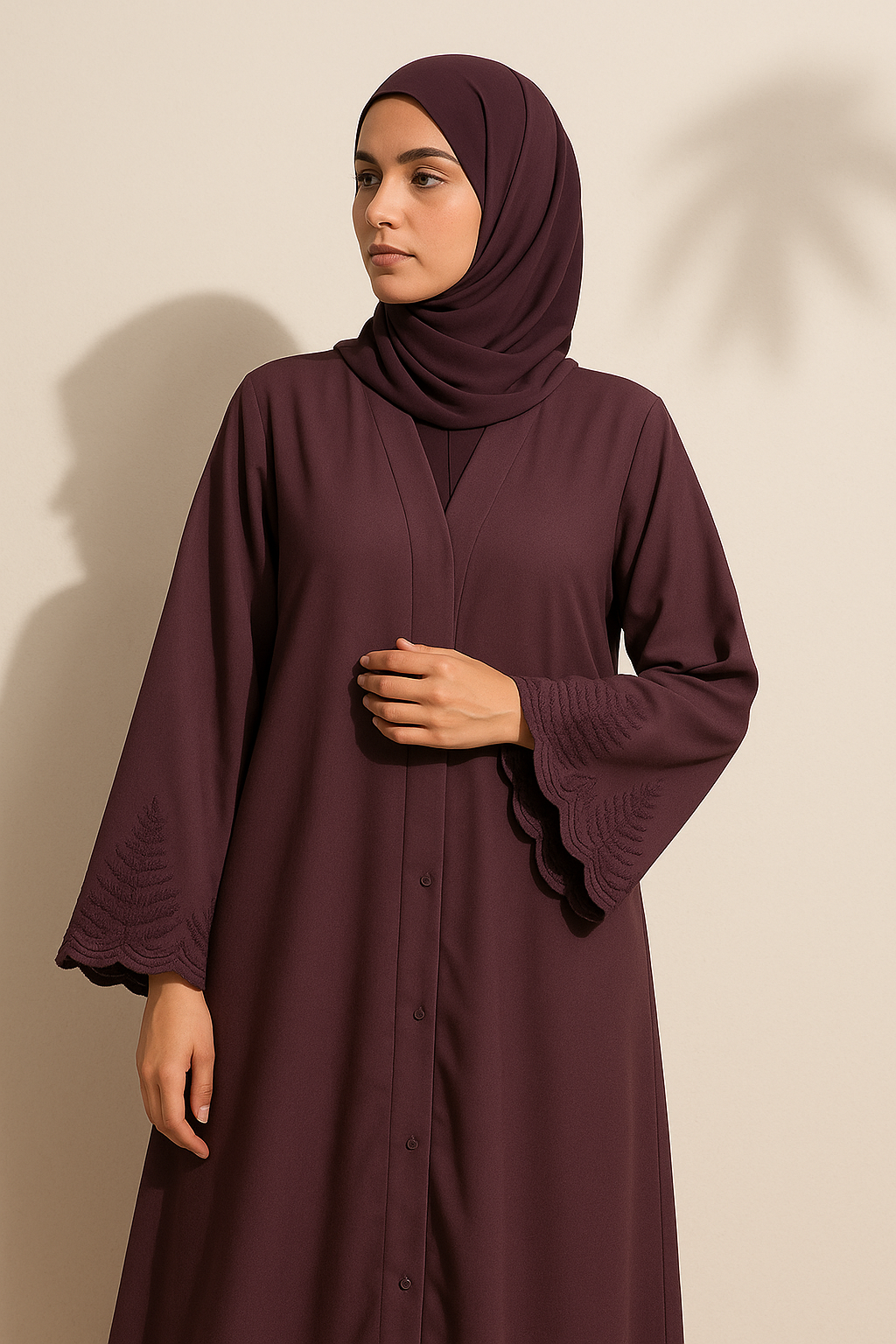 Full-Length Tich Button V-Neck Embroidered Abaya for Women - HijabOne