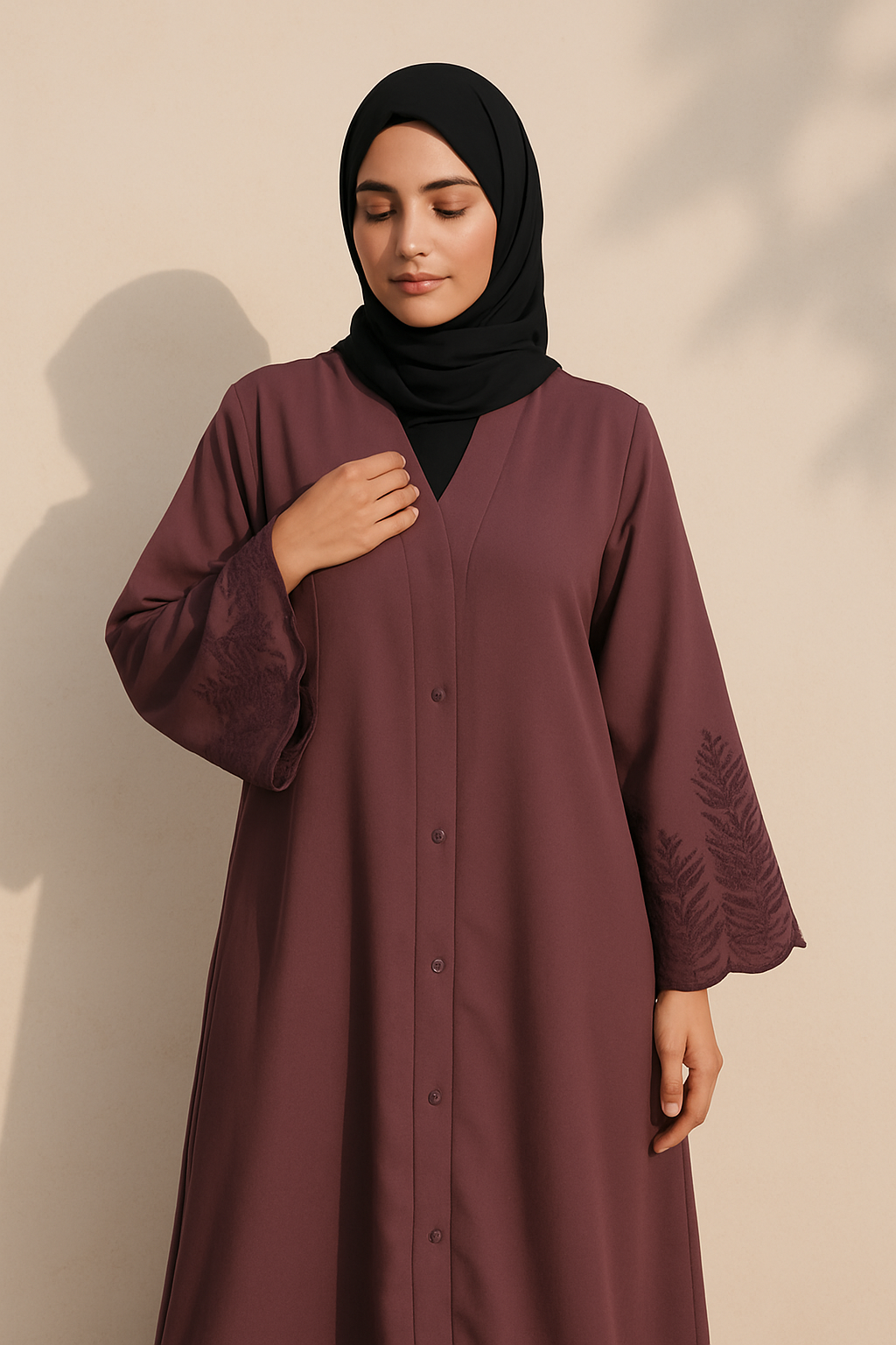 Full-Length Tich Button V-Neck Embroidered Abaya for Women - HijabOne - Image 3