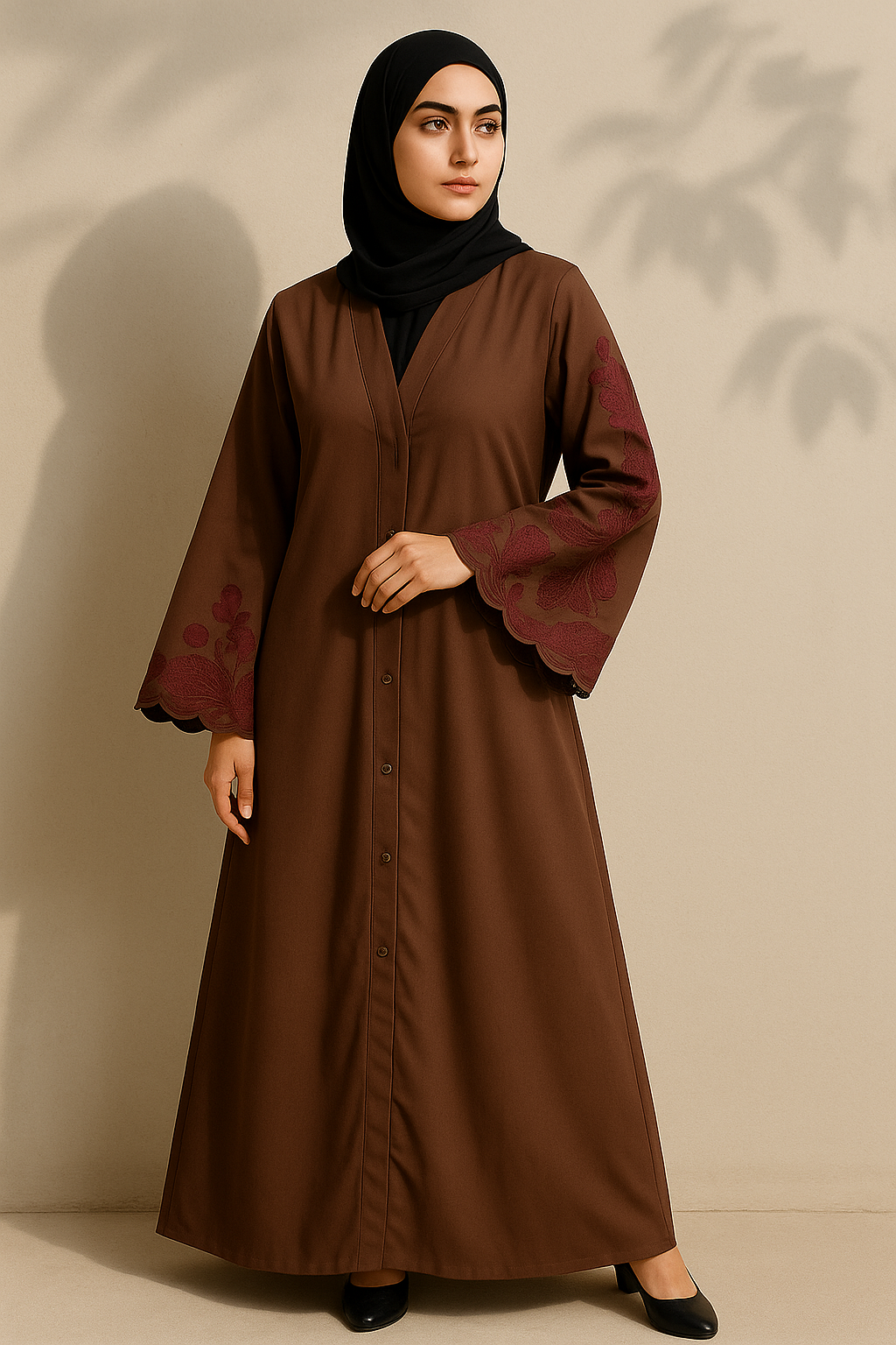 Full Length Tich Button V-Neck Embroidered Abaya For Women – HijabOne - Image 2