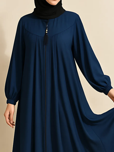 Three-Layered Full-Length Zip Collar Dark Blue Abaya for Women - HijabOne