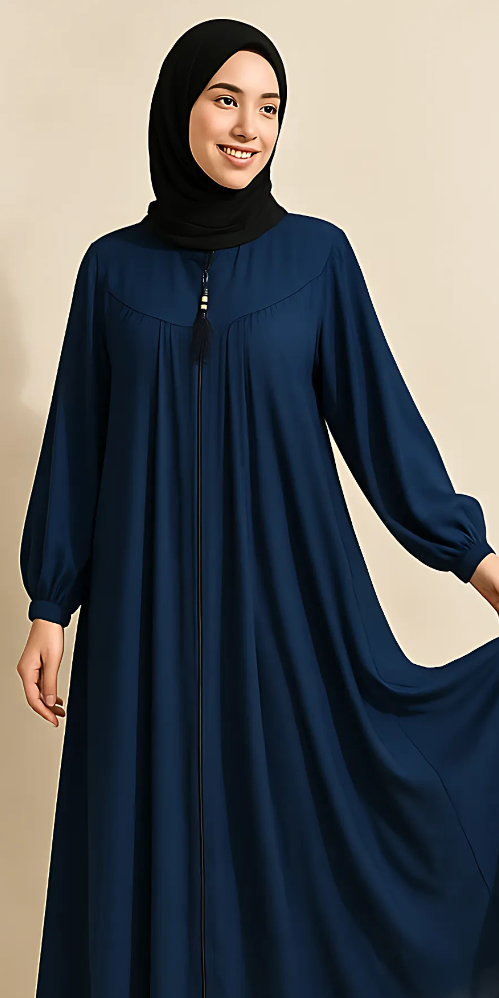 Three-Layered Full-Length Zip Collar Dark Blue Abaya for Women - HijabOne