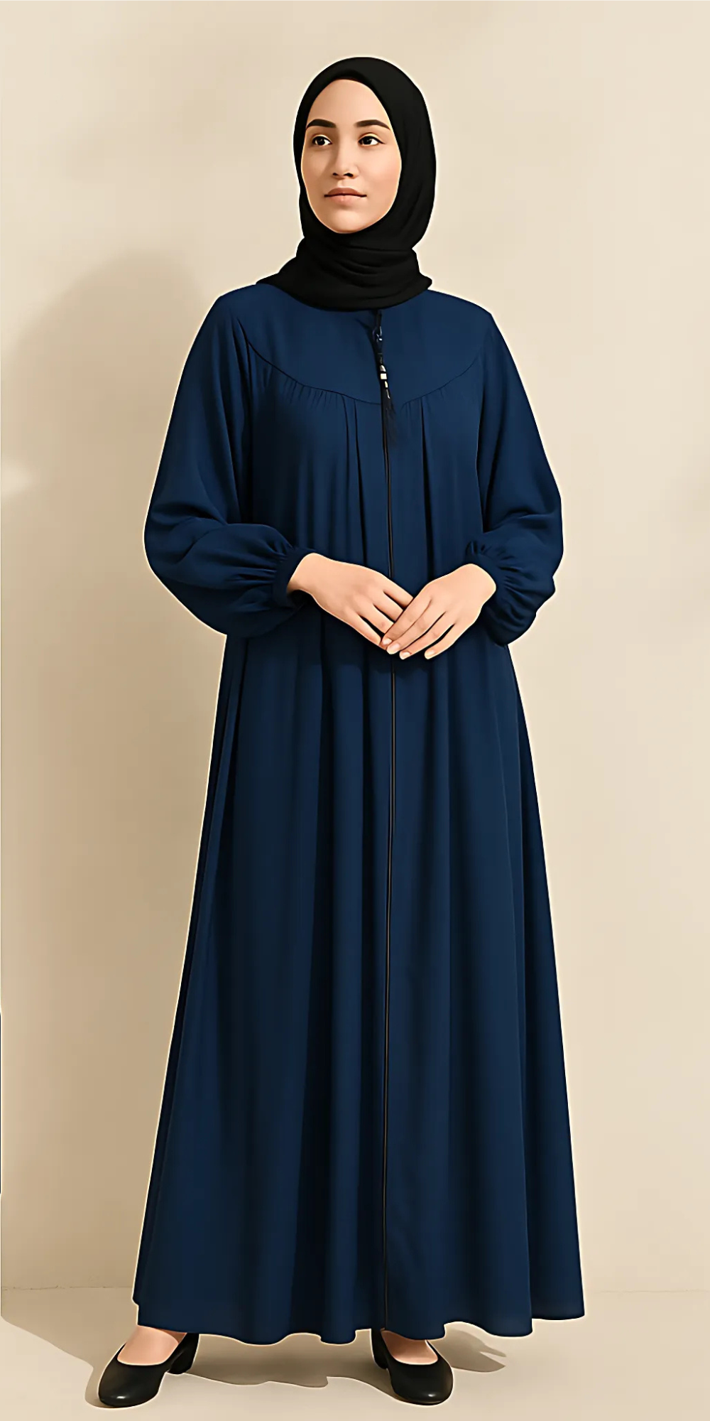 Three-Layered Full-Length Zip Collar Dark Blue Abaya for Women - HijabOne - Image 2