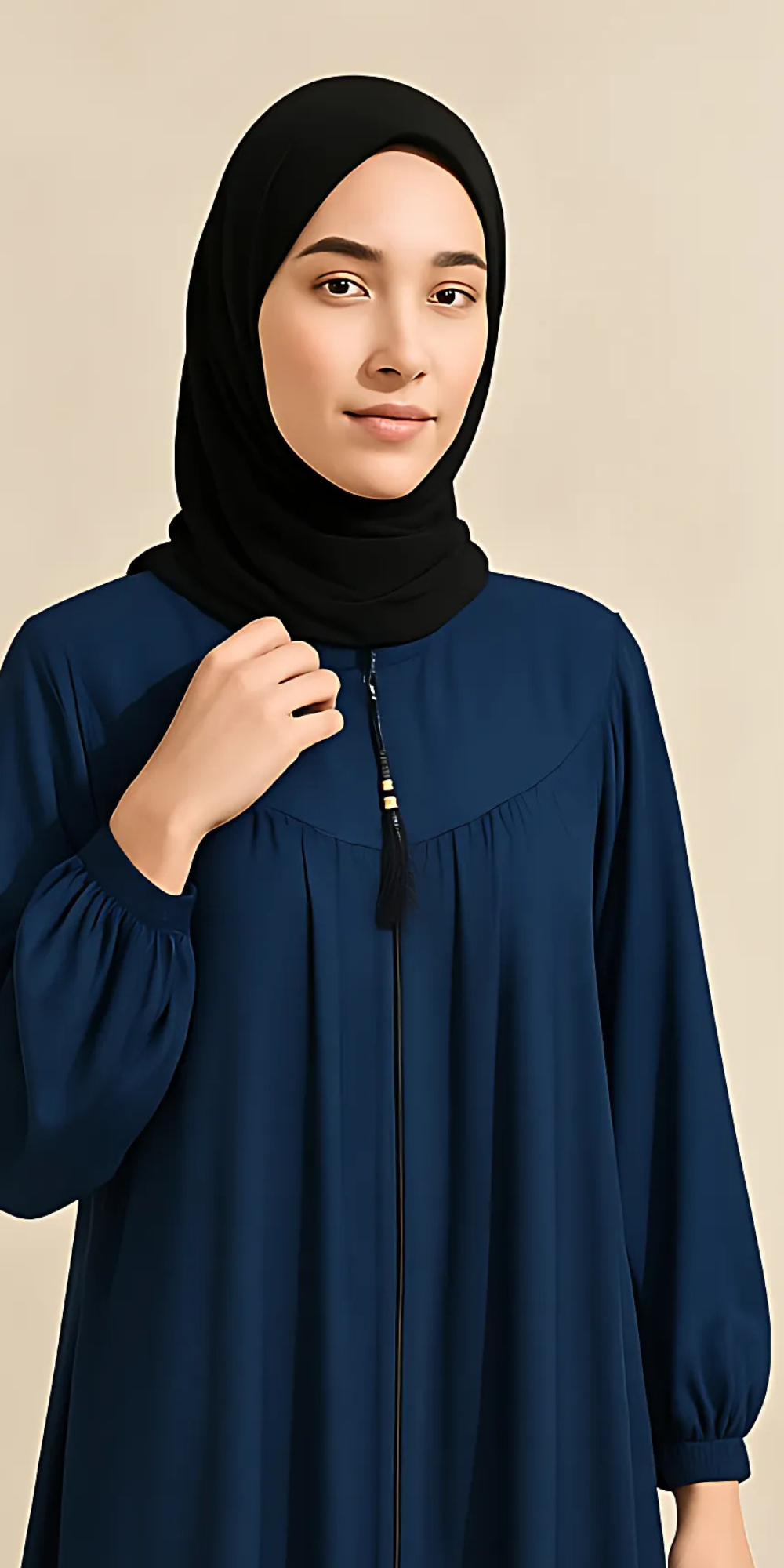 Three-Layered Full-Length Zip Collar Dark Blue Abaya for Women - HijabOne - Image 3