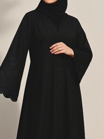 Full Length Embroidered Black Tich Button V-Neck Abaya for Women - HijabOne